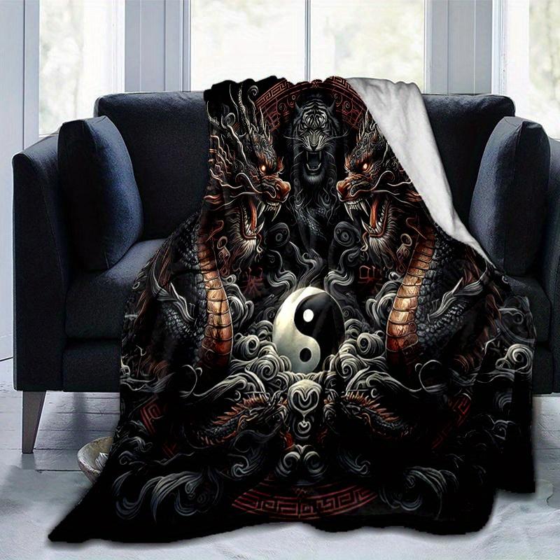 1pc Yin and Yang Dragons Blanket, Cartoon Home Decor Gift, Living Room, Travel, Camping, Car Blankets