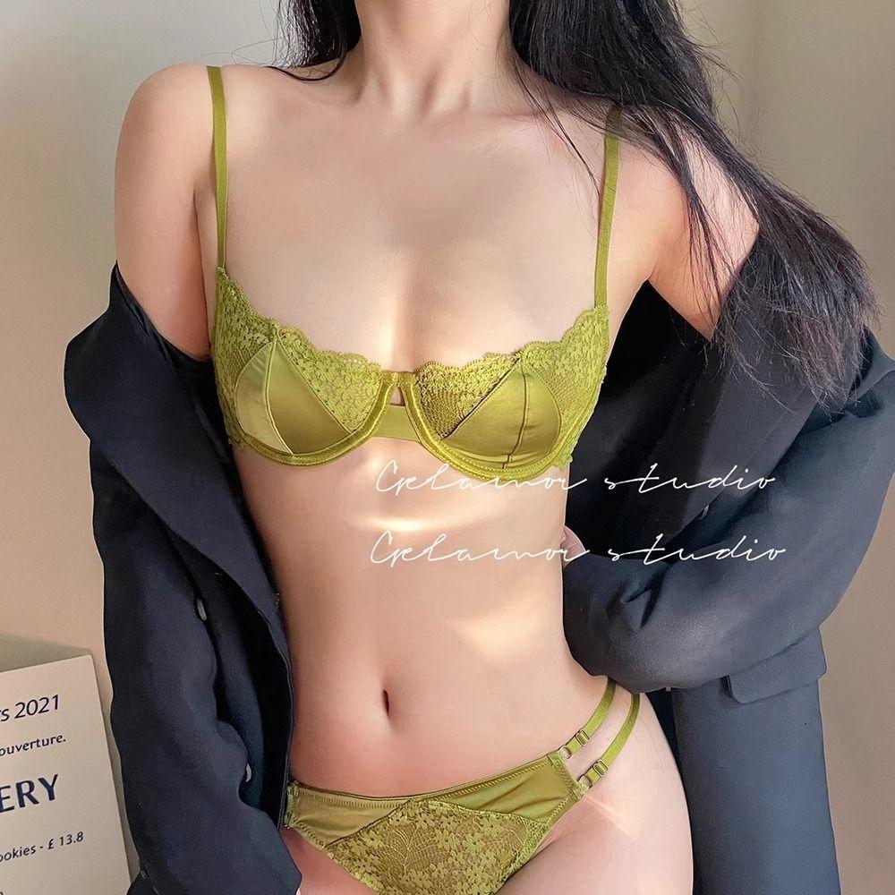 French Coquette Lace Soft Underwire Bra Set, Half Cup Push Up Back Beauty Small Bust Women Lingerie Set
