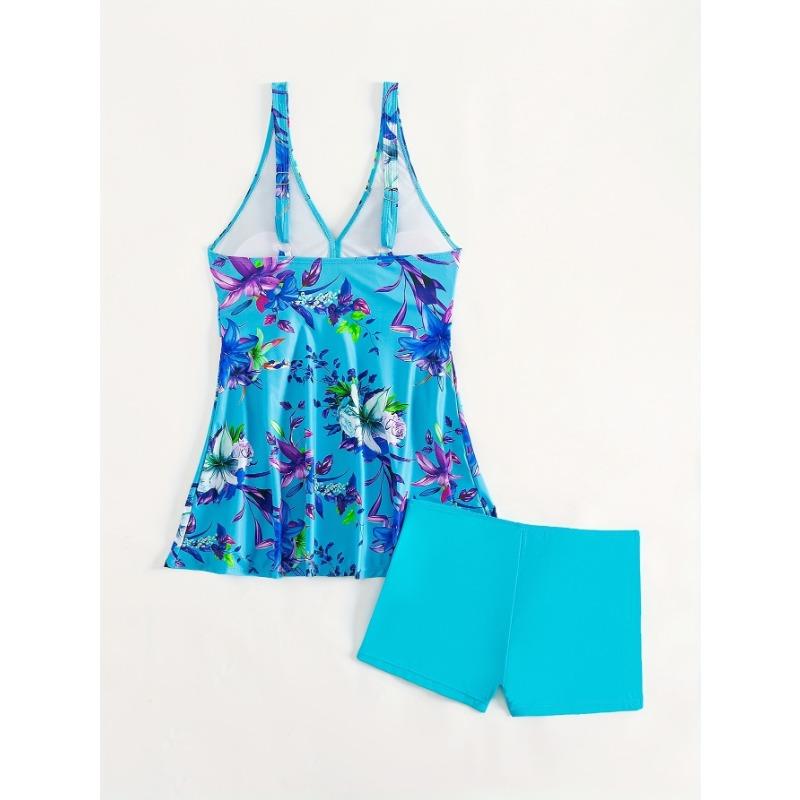 Women's Turquoise Floral Print Tankini Set V Neck Wrap Front Two Piece Modest Swimsuit with Shorts