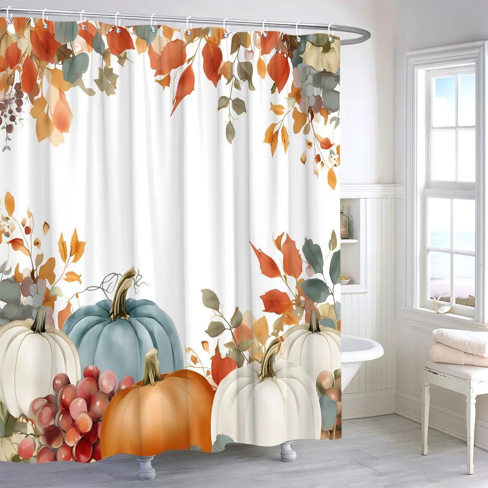 Autumn Watercolour Leaves Pumpkin Shower Curtain Maple Leaves Thanksgiving Gift Polyester Printed Shower Curtains Bathroom Decor