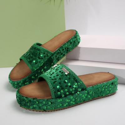 Sommer Neue Plateau-Sandalen Damenmode Runde Zehenpartie Offene Zehen Paillettenstoff Weiche Sohle Rutschfest Abriebfest Flache Pantoletten