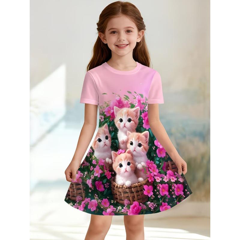 Cute Cat Girls' Princess Dress Summer Casual Dress for Girls Cartoon Graphic Outfit O-Neck Birthday Gifts Children Clothes
