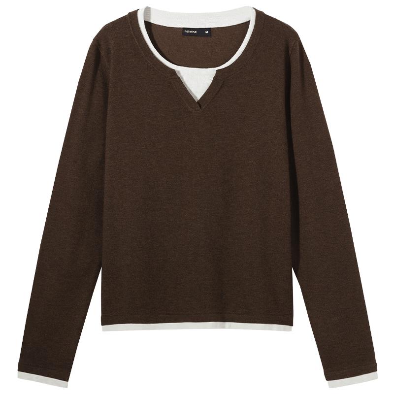 Hotwind Women s Faux Two-Piece Round Neck Knit Sweater L