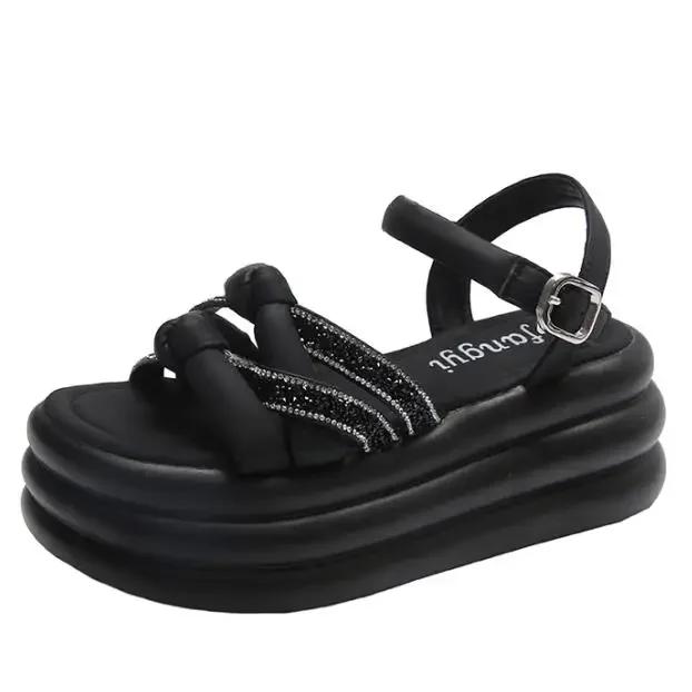 

7 см Дышащие Повседневные Тапочки Стразы Летние Блестящие Тапочки Роскошные Платформа Танкетка Балетки Сандалии для Отдыха Элегантная Женская Обувь 40 чёрный