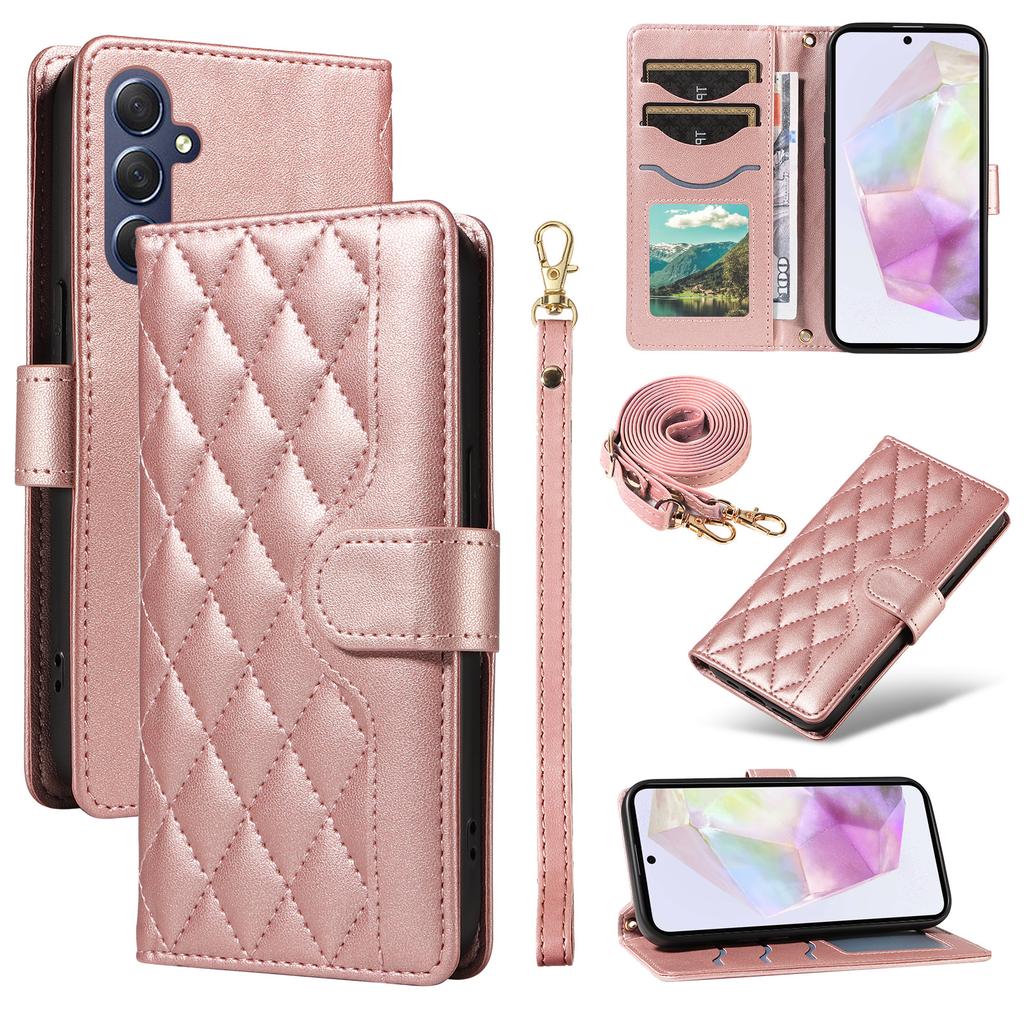 For Samsung Galaxy A35 5G Case Wallet Rhombus Leather Phone Cover with Shoulder Strap,Wrist Strap