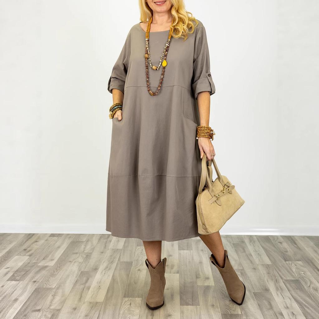 European and American cross-border plus-size women's 2026 summer new loose crew neck patchwork five-quarter sleeve solid color women's dress