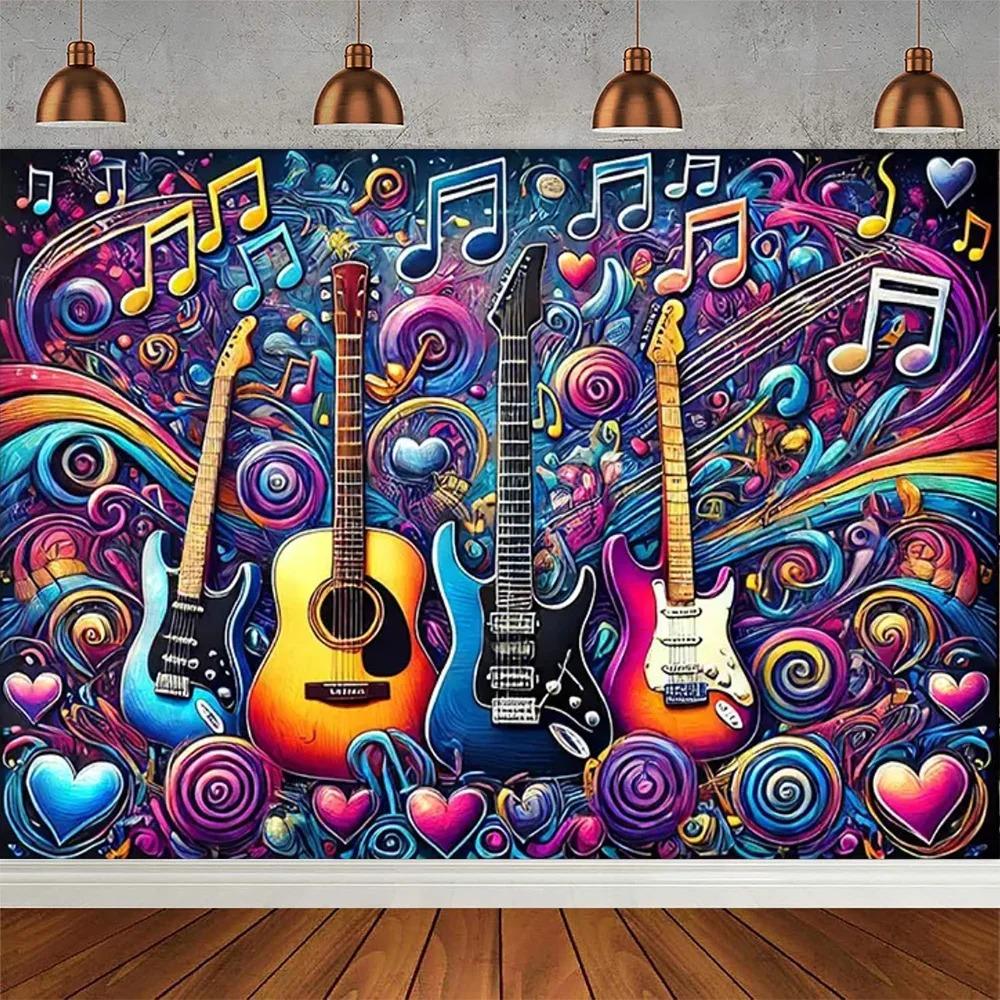 Rock Music Themed Birthday Party Decoration Shooting Background, Music Guitar Dance Notes Band Stage Banner Photography Backdrop