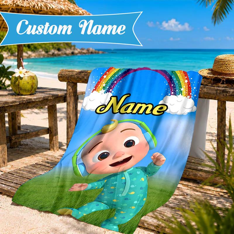 Custom Name Coco-melon Happy Journey Beach Towel Microfiber Beach Towel, Lightweight and Quick-Dry, for Summer Travel, Swimming Pool Gift
