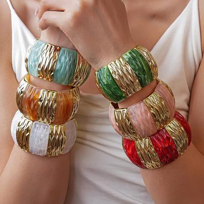 Acrylic Square Pattern Bangle for Women Elastic Rope Splicing Bracelet Geometric Irregular Wide Jewelry Gift