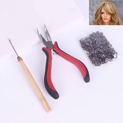 Kit completo de herramientas para extensiones de cabello con 200 microanillos de silicona y cuentas de plumas.