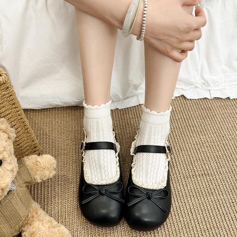Round Head Retro Bow Flat-soled Small Leather Shoes Women's 2025 New Spring and Autumn Black French Soft-soled Mary Jane Single Shoes