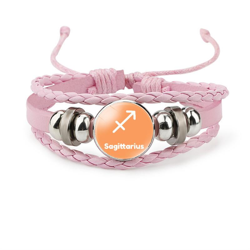Stylish Pink Leather Zodiac Bracelet Aries Taurus Gemini Cancer Leo Libra