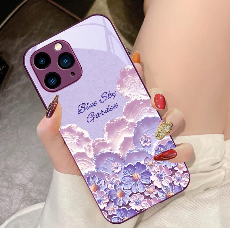 

Oil Painting Flower Purple For IPhone 16 Pro Max 15 Pro 14 13 12 Mini 11 XS Max XR 7 8 Plu SE 2022 Tempered Glass Phone Case For iPhone 16 Pro