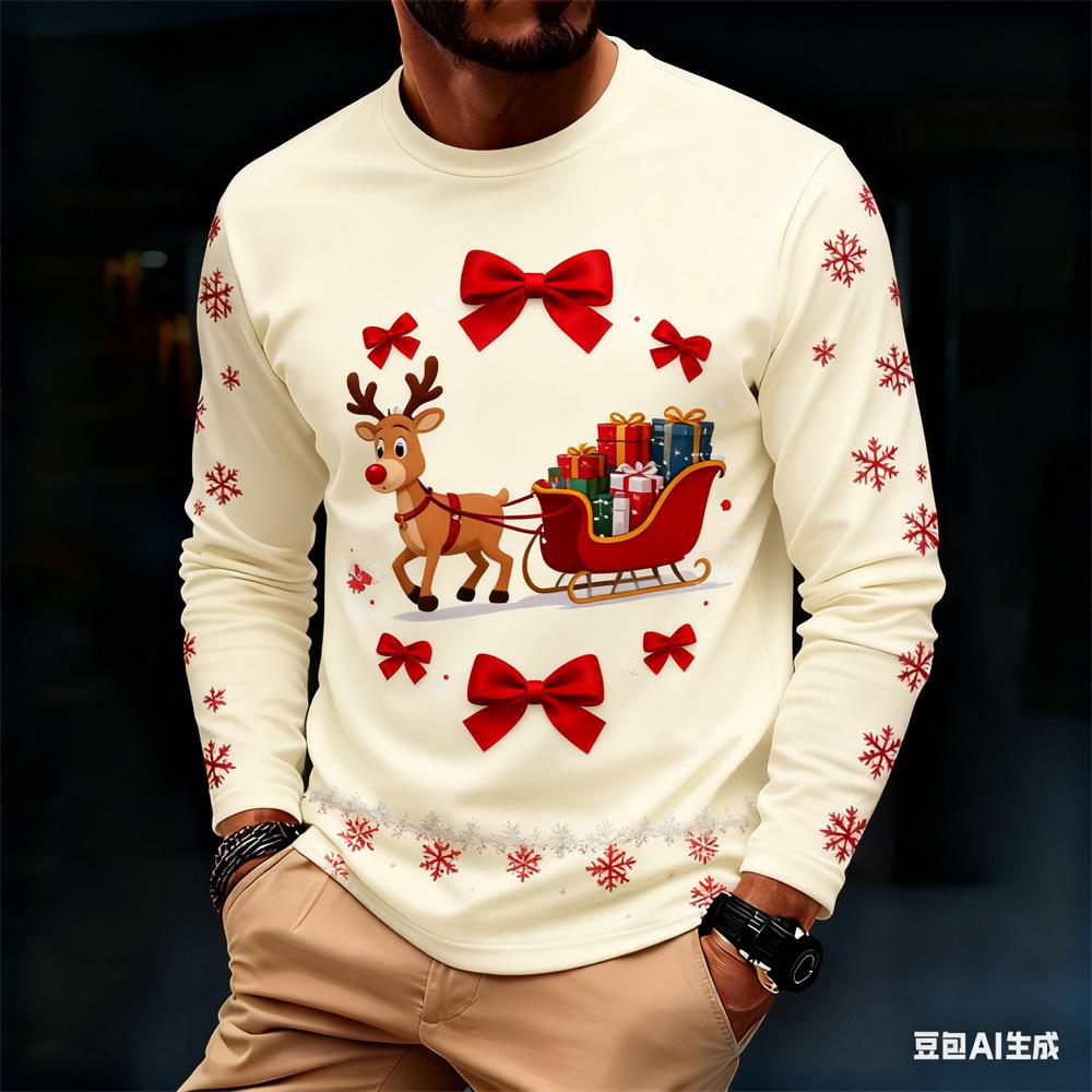 Fashionable Harajuku-style Christmas men's long-sleeve T-shirt, autumn casual round-neck loose top, fun Santa Claus design