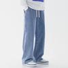 Męskie Jeansy Plus Size Jasnoniebieskie z Elastycznym Pasem - Luźne, Szerokie Nogawki, Sznurek, Długie do Ziemi, Codzienne i Wszechstronne.