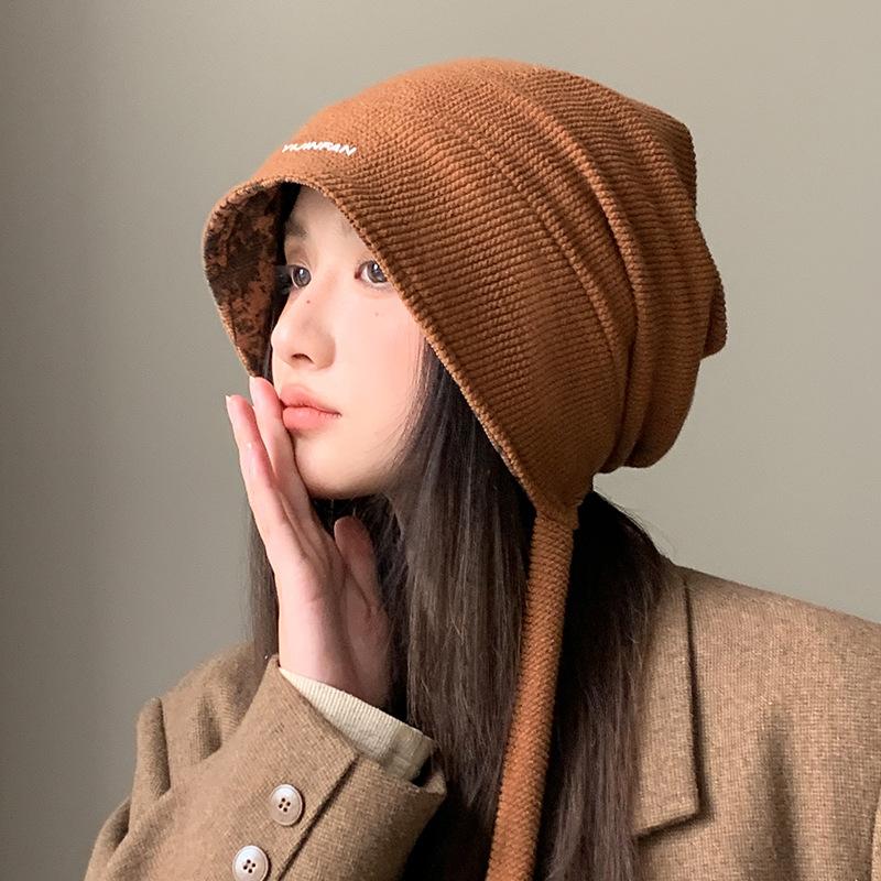 Double-sided can be worn, autumn and winter hats, women's headgear hats, big head circumference showing face, small pile hats, warm knitted cold hats