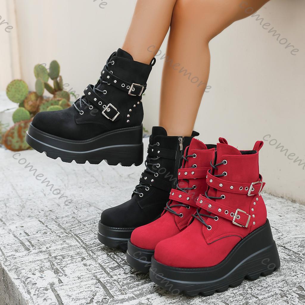 Fashion Comemore Wedges Platform Ankle Boots for Women Autumn Round Toe Lace Up High Heels Women's Shoes Gothic Punk Motorcycle Botas