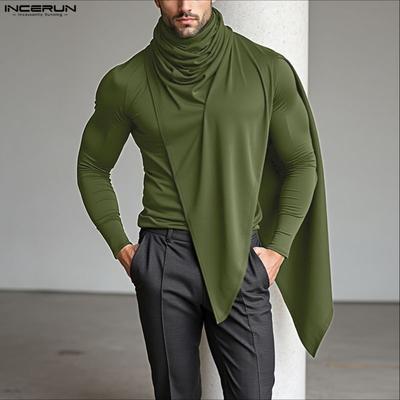 Autumn Men Turtleneck Long Sleeve Irregular Layers Patchwork Casual Fitted Cape T-Shirts