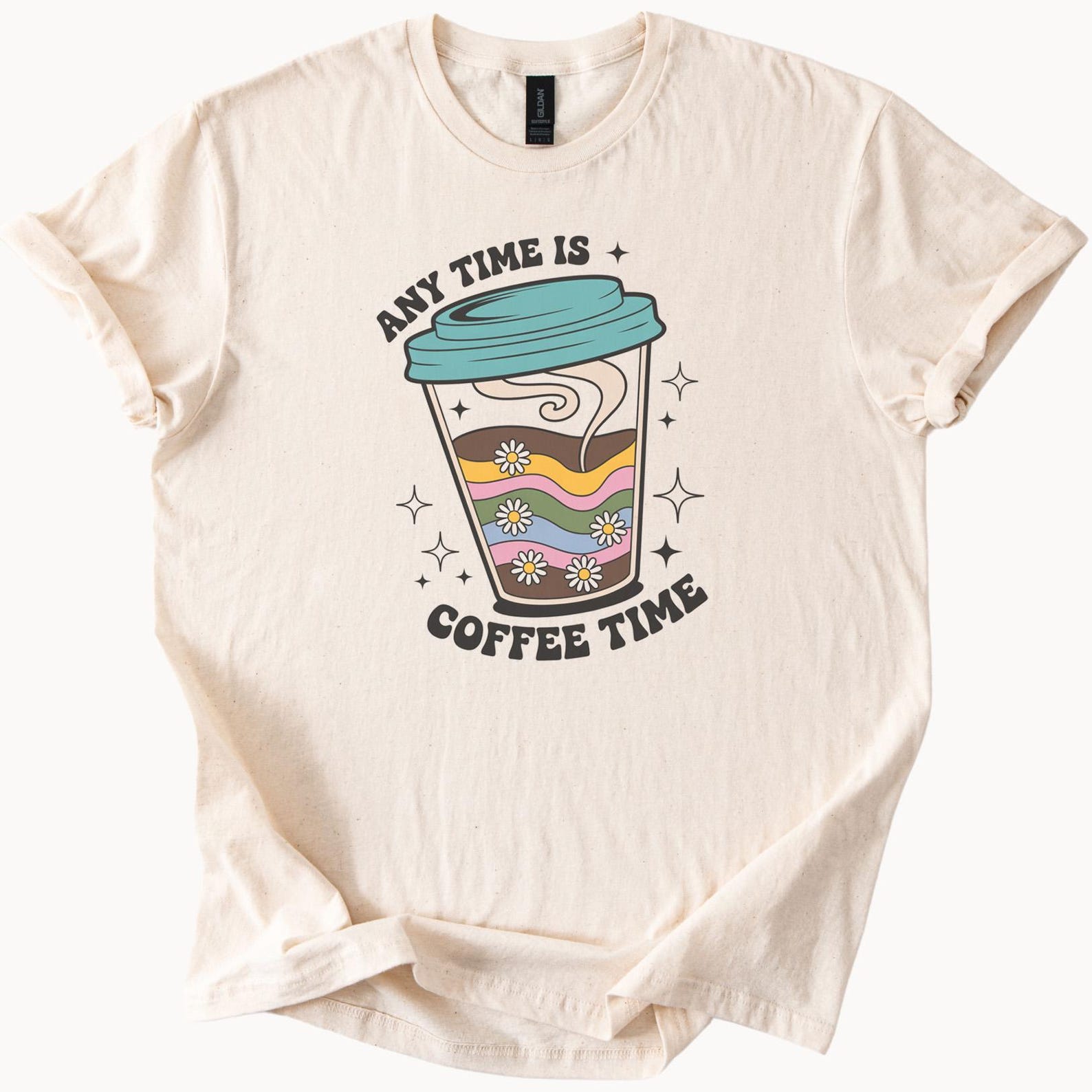 Any Time Is Coffee Time Shirt Retro Coffee Cup Graphic Tee Flower Groovy Coffee Lovers T Shirt Cute Aesthetic Coffee Drink Shirt 110