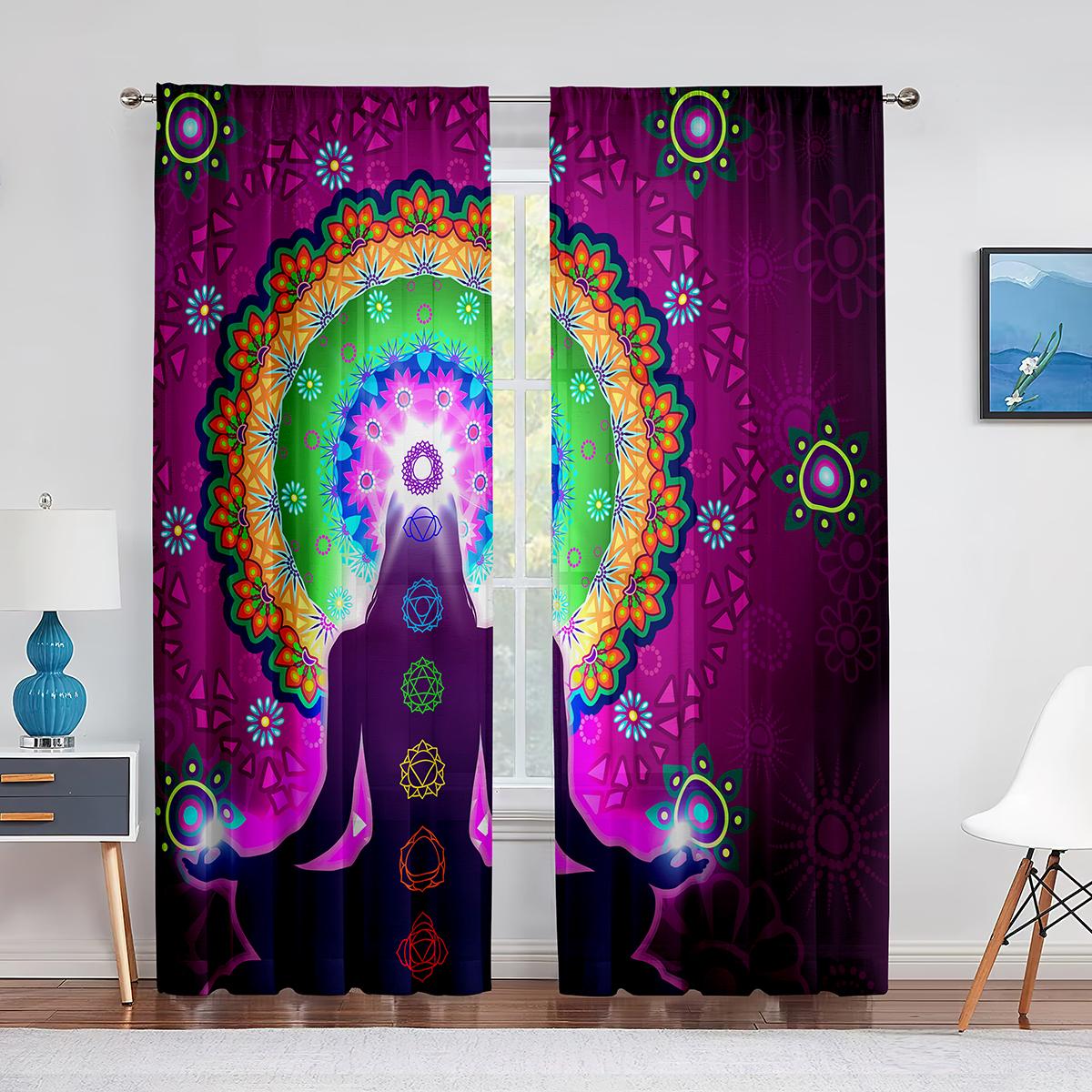 Rideaux transparents Zen de méditation de yoga des sept chakras pour la décoration de la chambre à coucher du salon, de la cuisine, des fenêtres, des voiles en tulle, des rideaux, des stores 1 PCS W100XH250cm&Rod Pocket