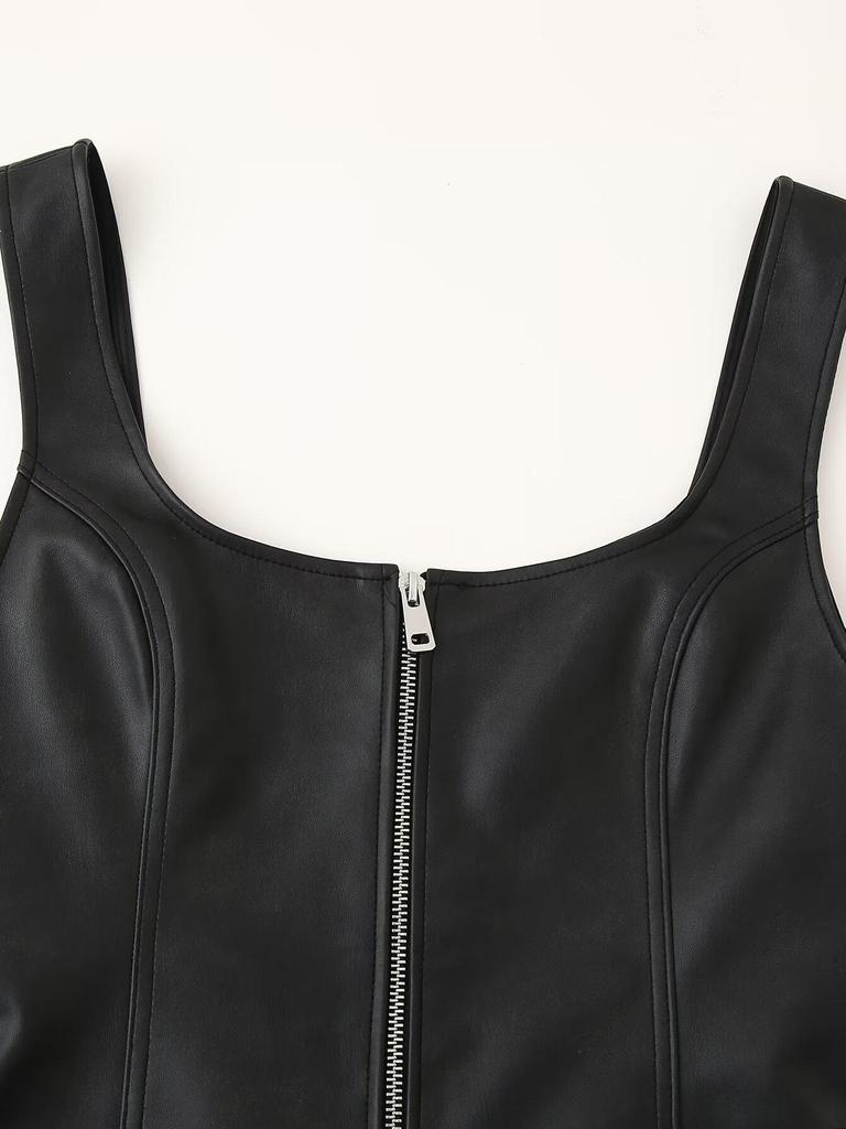 2024 European & American Style Faux Leather Slim Fit Women's Jacket with Zipper and Sexy Cami