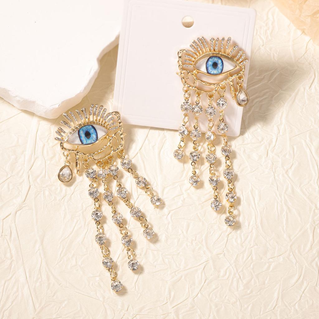 Europäische und amerikanische Mode, übertrieben und exquisit, schwere Legierung, lange Strass-Quasten, Teufelsauge, Ohrringe, vielseitig und hochwertig