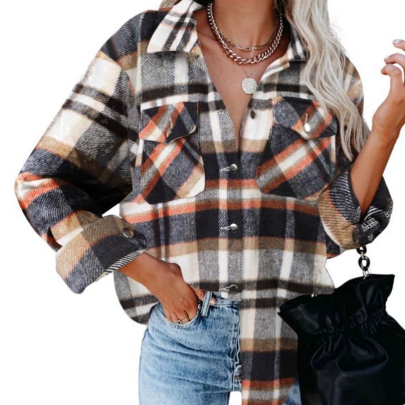 

Жіноча Осінньо-Зимова Сорочка в Клітинку з Довгим Рукавом, Потовщена Сорочка на Ґудзиках, Пальто L