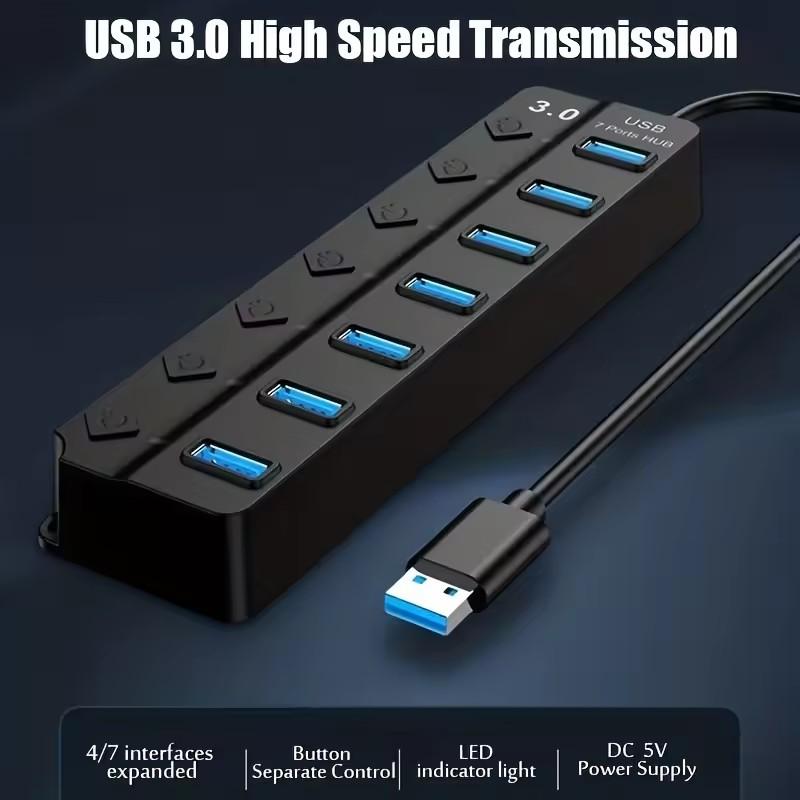 4/7-Port USB 3.0 Hub with LED Indicator Independent Switch Control for Laptop Flash Drive Hard Disk Printer Camera Keyboard