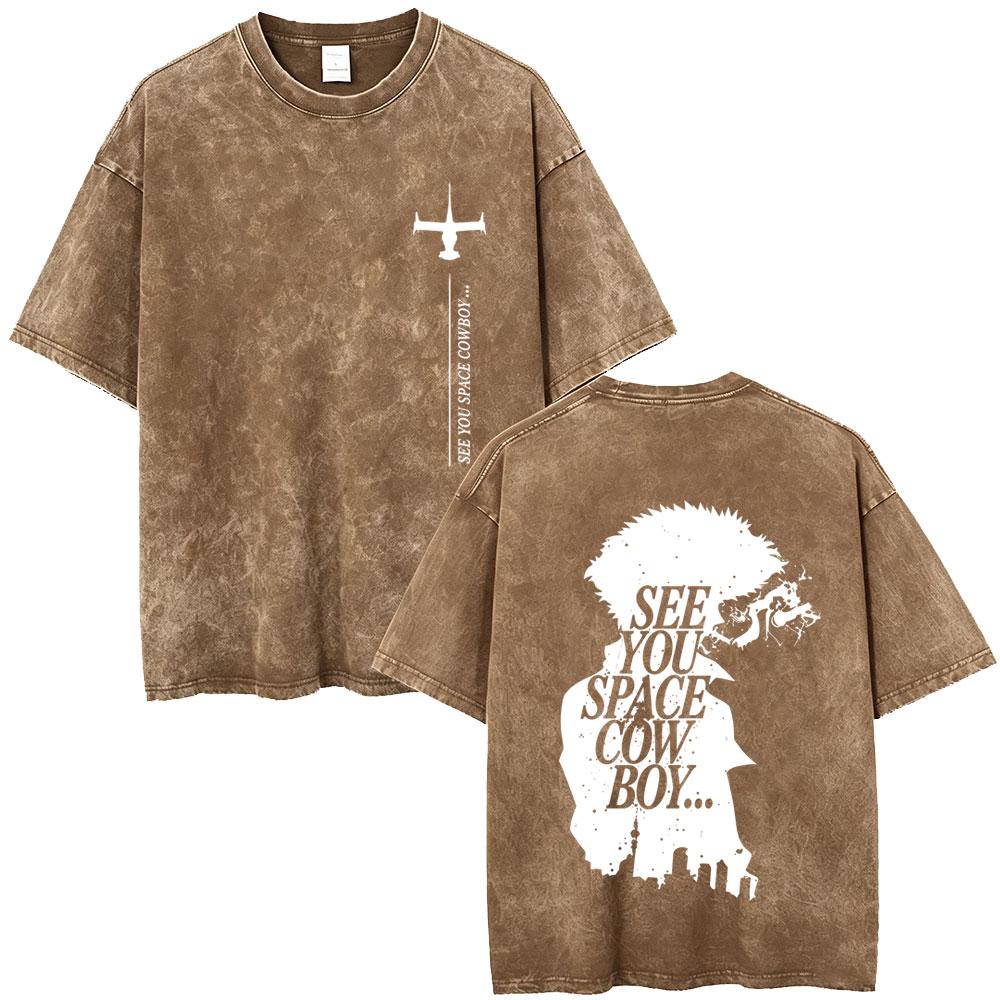 Anime Cowboy Bebop Vintage Washed T-shirt Spike Spiegel See You Space Cowboy T-shirts Manga Retro Oversized T Shirts Unisex