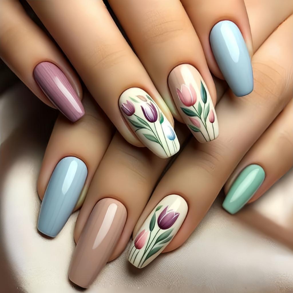 24 Pcs Medium Length Ballet Press On Nails Brown Floral Design Full Cover Detachable Fake Nails Manicure Set