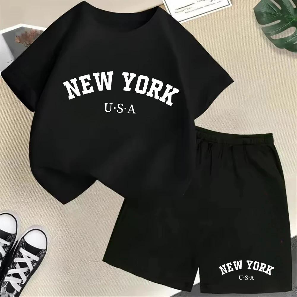 2026 New Kids Boys Girls New York Letter Pattern Polyester T-shirt+Shorts 2-Piece Set Casual Daily