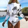 Women Long Sleeve One Piece Swimsuit Zip Front  Sea Turtle Print Rash Guard Surfing Bathing Suit