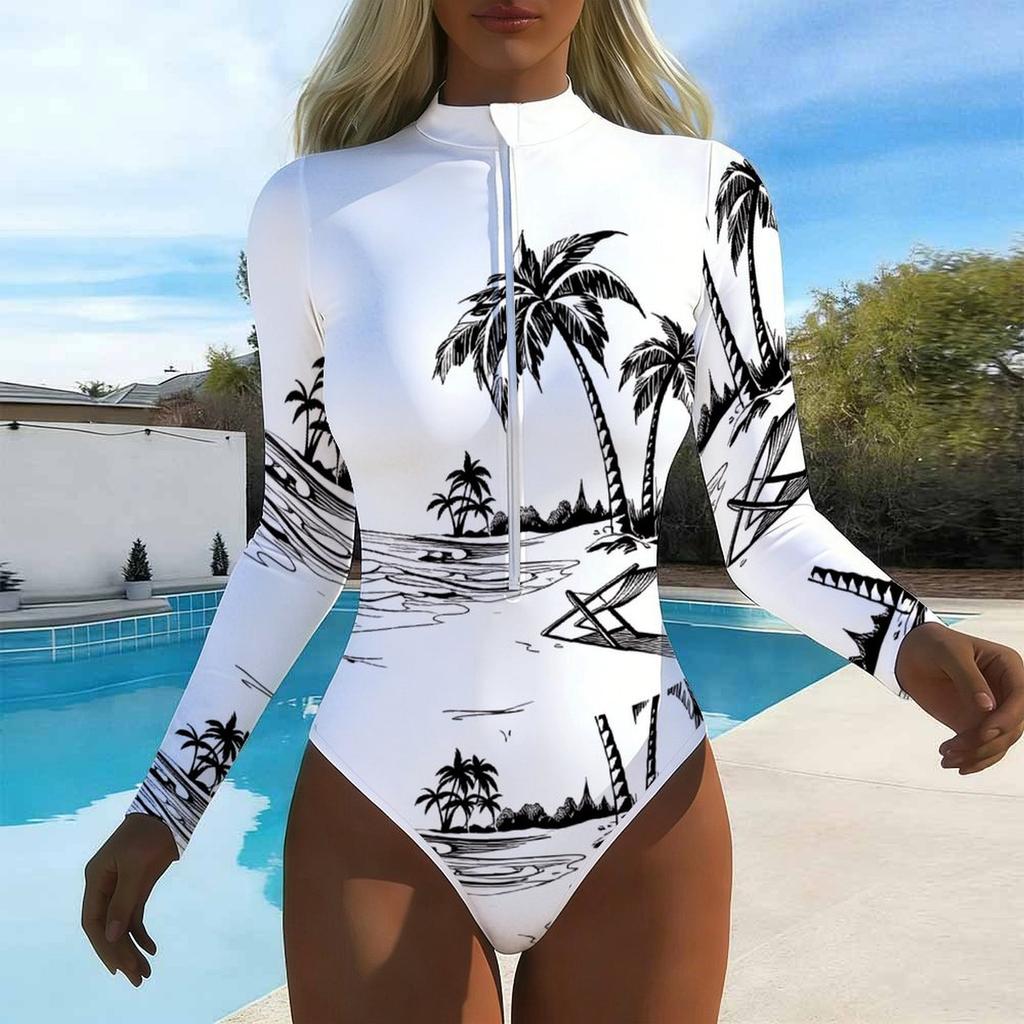 Women Long Sleeve One Piece Swimsuit Zip Front  Sea Turtle Print Rash Guard Surfing Bathing Suit