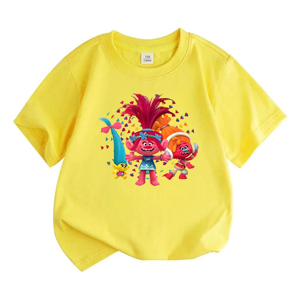 Kids Boys Girls 100% Cotton Crew Neck Short Sleeve T-Shirt, Cute Cartoon Troll Character Printed Casual Soft Lightweight Tee for Daily Wear Holiday Pa