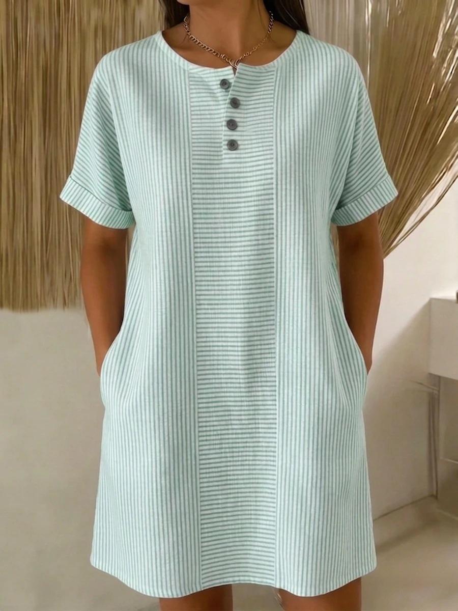 Women Casual Loose Round Neck Short Sleeve Button Pocket Midi Dress S зелёный