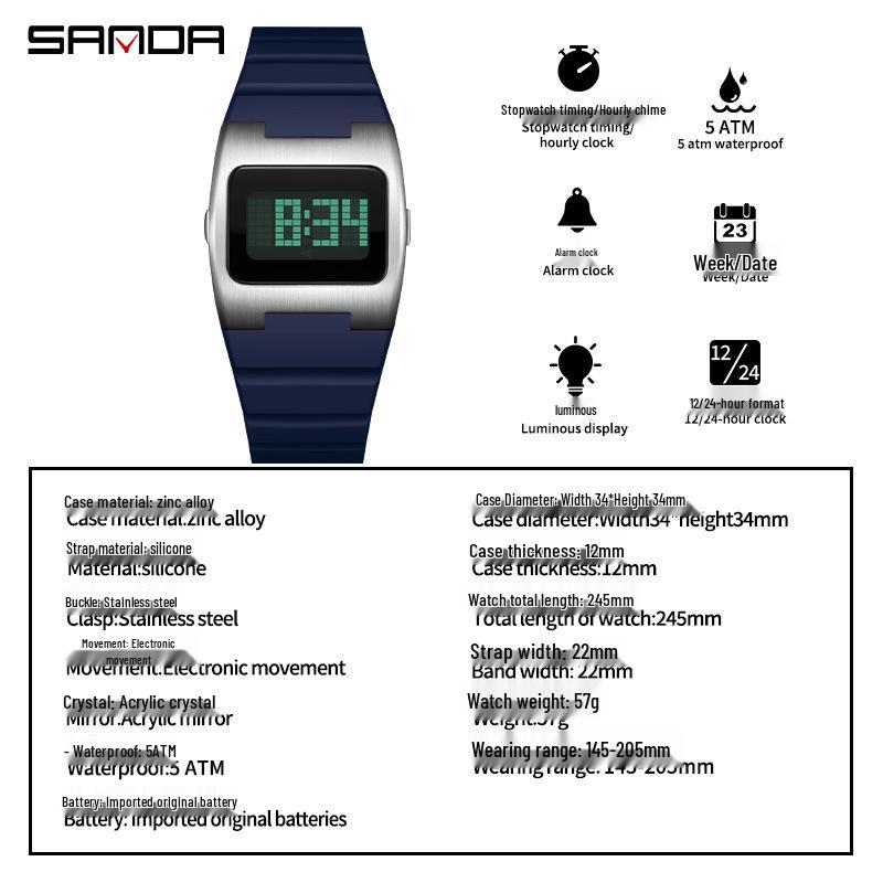 Sanda Retro Y2K Waterproof Square Wristwatch with Alarm - Unisex Multifunctional Design