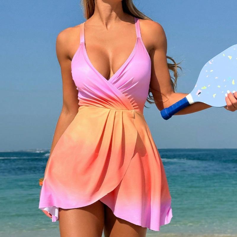 European and American Solid Color Sleeveless Chest Pleated Waist Dress One-piece Women's Swimsuit