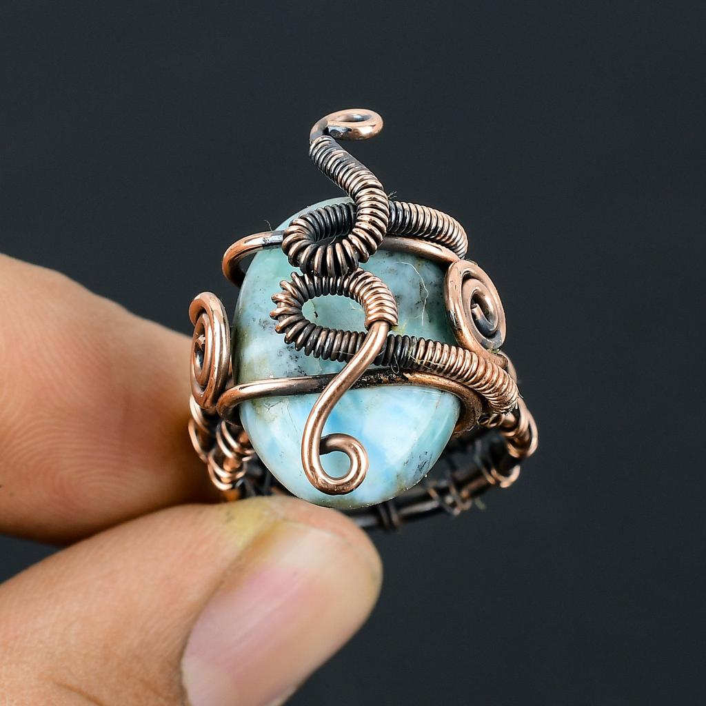 Natural Republic Larimar Gemstone Handmade Copper Wire Wrap Ring Size 7 O0B15