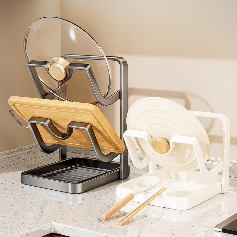 Pot Lid Storage Rack Kitchen Counter Organizer Countertop Pot Lid Organizer with Removable Drip Tray Spoon Kitchen for Lids