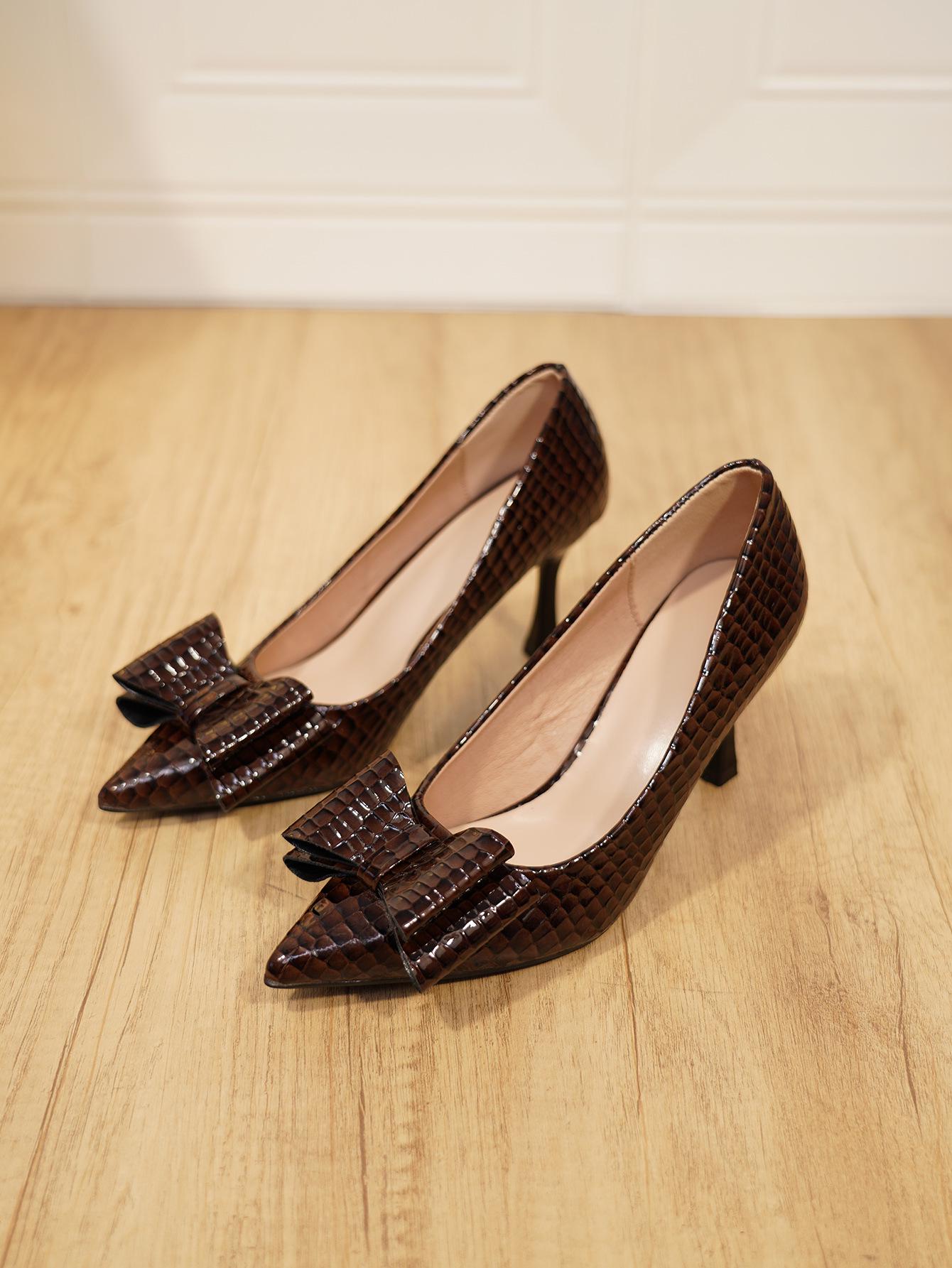 Korean Style Women s Pointed Toe Bow Crocodile Pattern Stiletto Heels 40