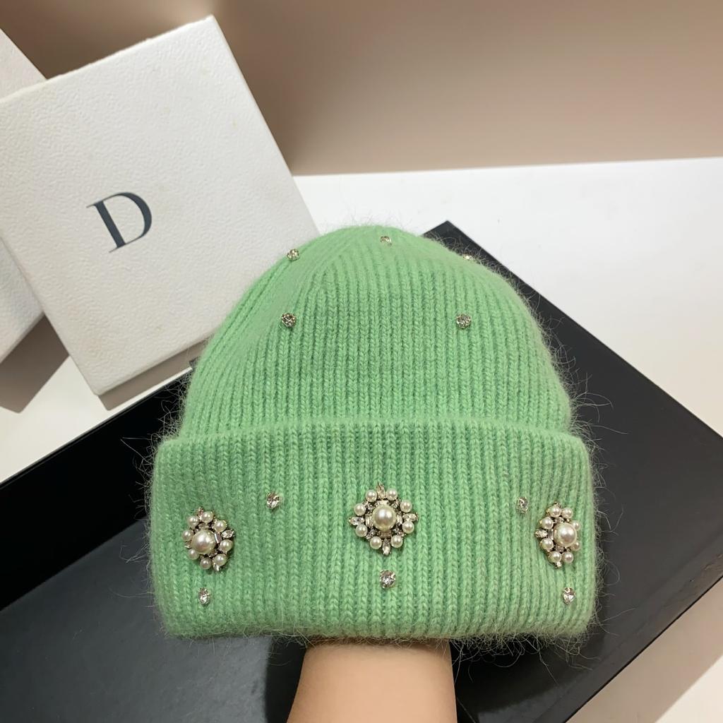 Palace Rhinestone Rabbit Fur Knitted Hat Autumn and Winter New Princess Sweet Socialite Xiaoxiangfeng Warm Ear Protective Wool Hat