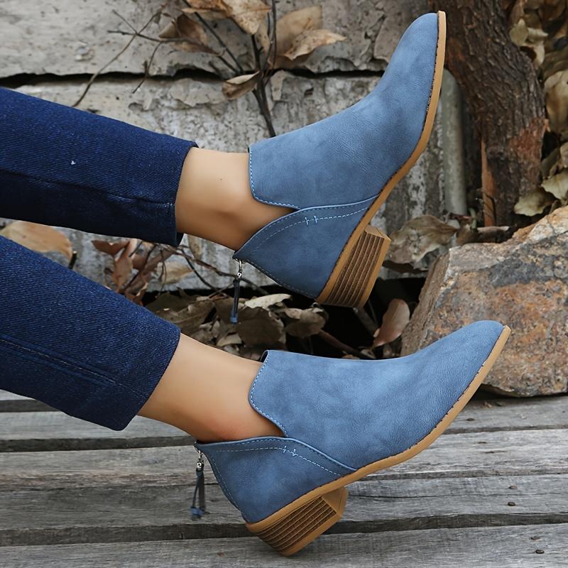 Women's Chunky Low Heel Ankle Boots, Casual Backside Zipper Pointed Toe Faux Leather Shoes, Women's Short Boots