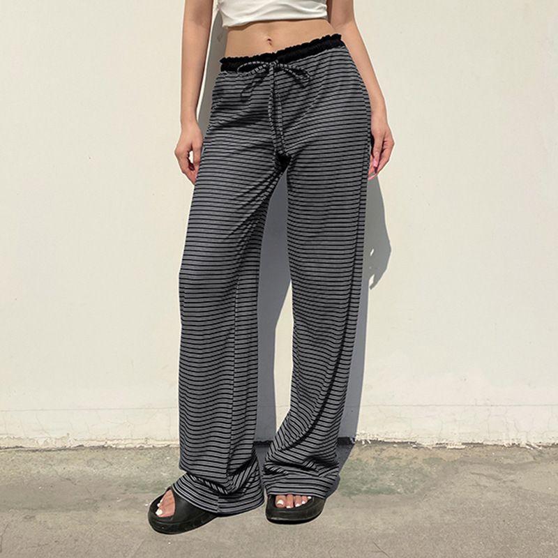 

American Casual Stripes Pants 2025 New Arrival High Waist Shoelace Baggy Straight Trousers Draping Mopping Pants Female Autumn and Winter Black 2 M