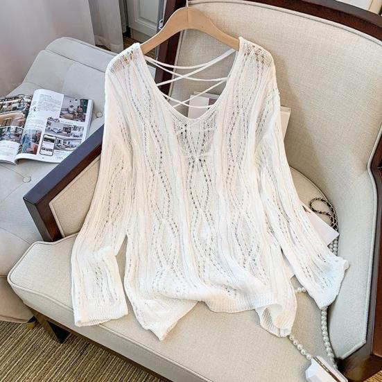 Women Knitting Hollow Design Tops V-Neck Straps Collar Long Sleeve Pullover Tops