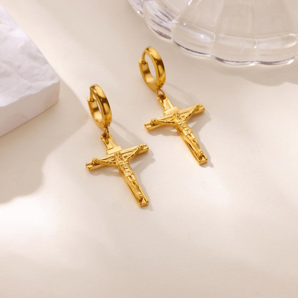 Vintage Jesus Kreuz Edelstahl Creolen Ohrringe für Damen Gebet Jungfrau Maria Anhänger Ohrringe Weihnachts Schmuck