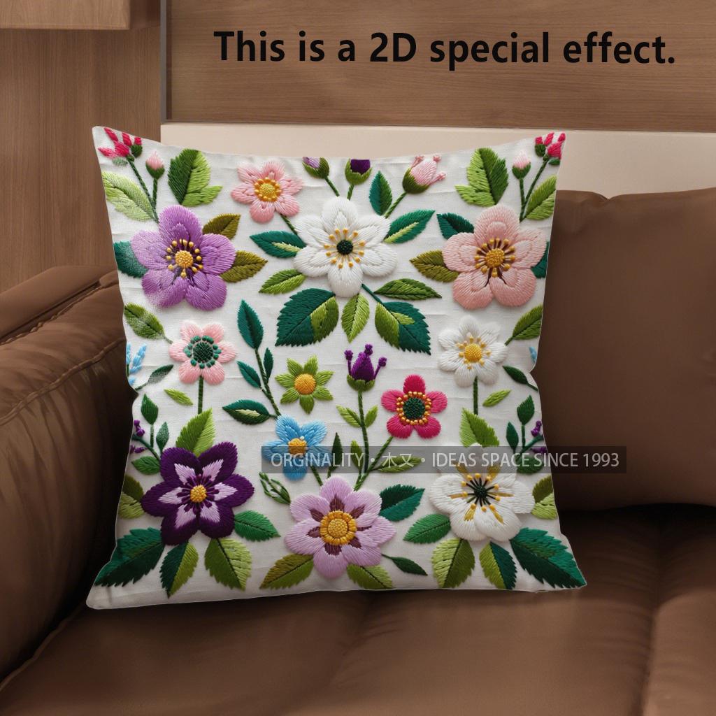 2D Vintage Floral Embroidery Style Throw Pillow Covers Pattern Cushion Cover Suitable For Sofa Bedroom Car Pillow Cover