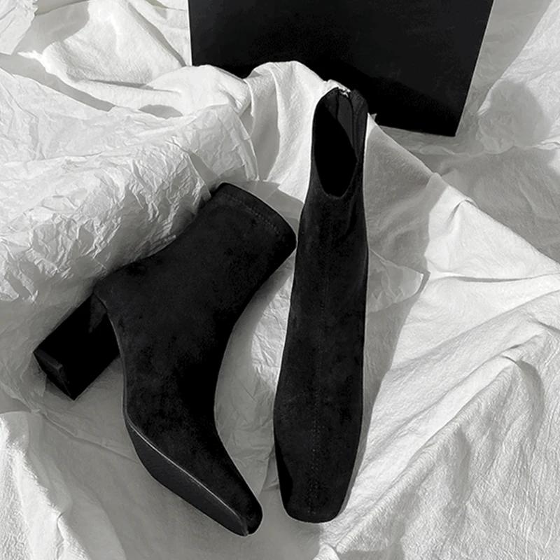 

Модные женские замшевые ботильоны на высоком каблуке, зимние дизайнерские туфли с квадратным носком, женская обувь 2024 года, трендовые туфли для ходьбы, удобные женские зимние ботинки 38 чёрный