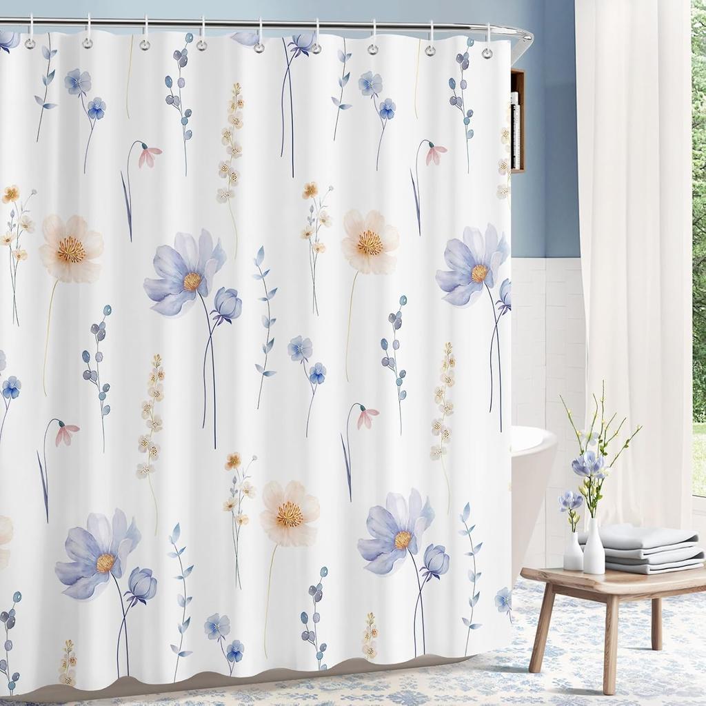 Watercolor Floral Shower Curtains Bathroom,Blue Orange Flower Shower Curtain Set,Minimalist White Bathroom Curtain with Hooks