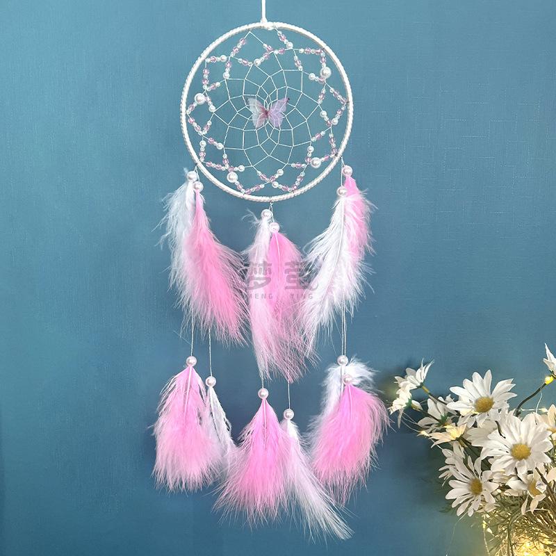 Butterfly Dream Catcher Pink Feather Pendant Creative Hand-woven Bedroom Curtain Hanging Ornaments Birthday Gift Home Decoration