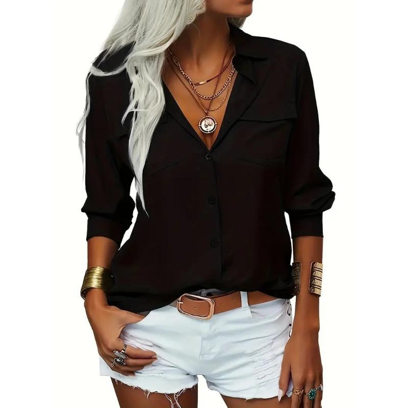 

Solid Color Lapel Long Sleeved Shirts V-neck Button Pocket Women s Blouses & Shirts S